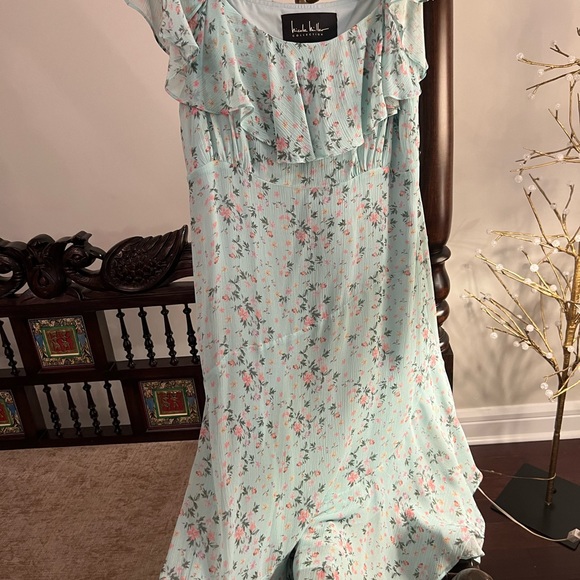 Nicole Miller floaty pale green chiffon dress with ruffle collar, asymmetric hem - Picture 8 of 13